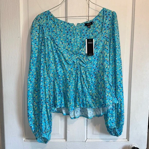 AFRM x Nordstrom Blue Floral Ruched Balloon Sleeve Crop Top Size Medium - Picture 2 of 5